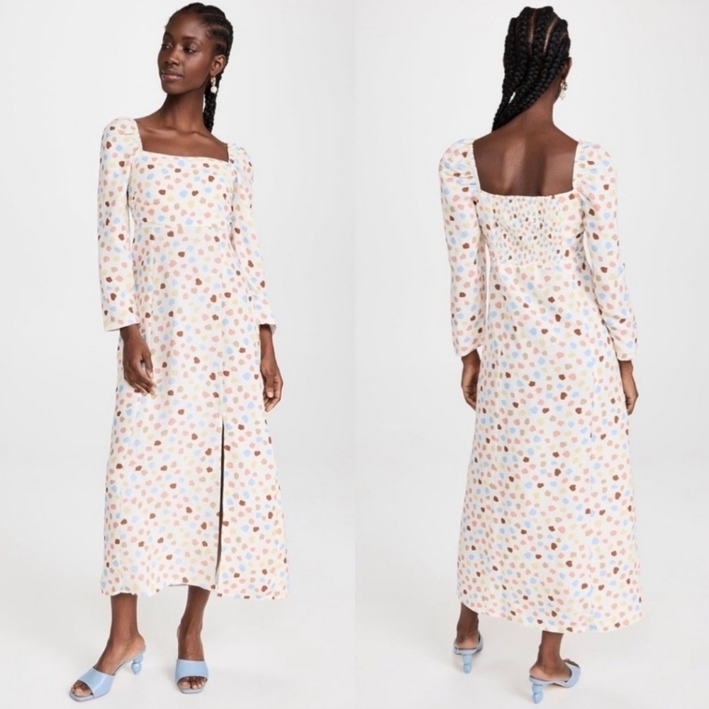 RIXO Hattie Midi Dress Size Large L 10 NWOT Linen Blend Polka Dot Puff Sleeve - Picture 1 of 14